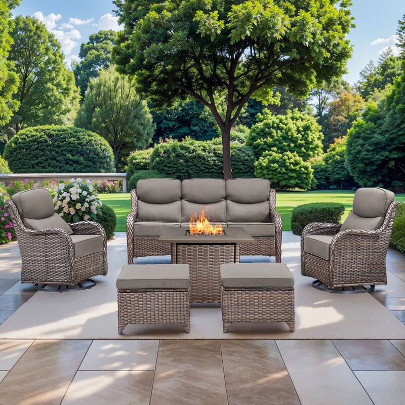 Pocassy 6 Pieces Outdoor 6" Sofa Swivel Chair Ottoman with Fire Pit Table - Brown Wicker - Gray cushion