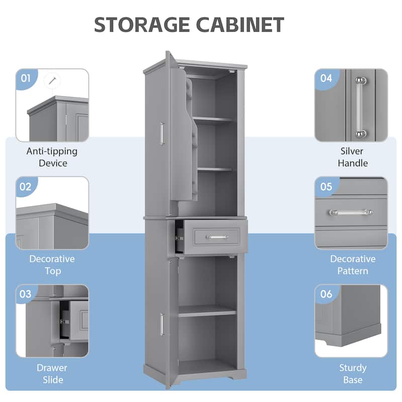 4-Door Tall Storage Cabinet - Adjustable Shelves & Door Racks, MDF Painted Finish for Bathroom/Office