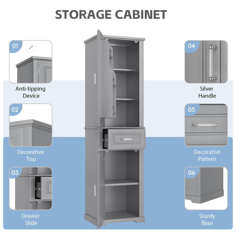72" Tall Freestanding Storage Cabinet with 4 Doors, 2 Drawers, Adjustable Shelves and Door Racks, Painted MDF Organizer