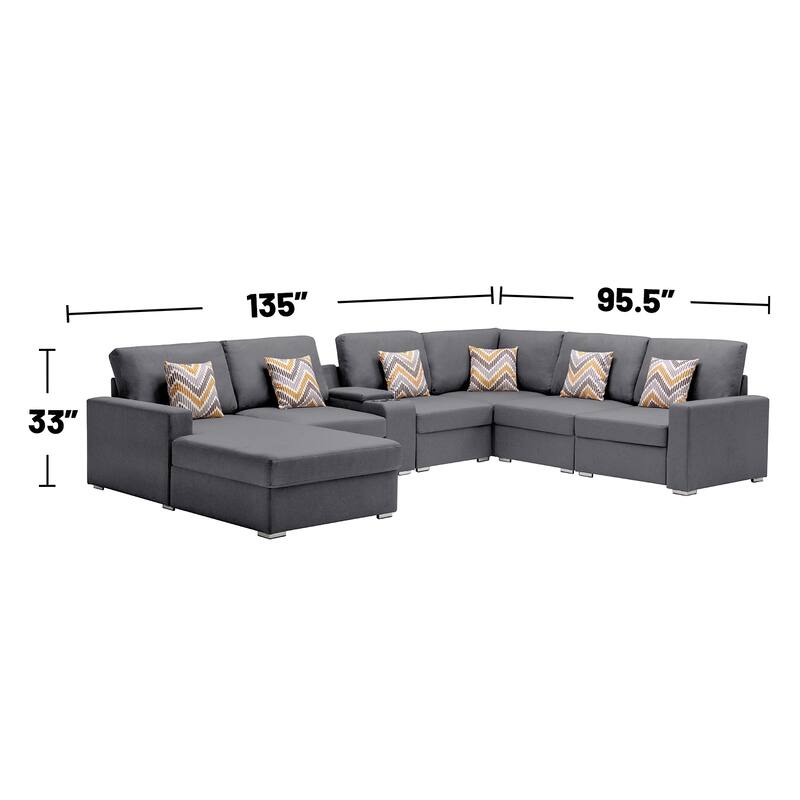 Linen Fabric 7 Piece Reversible Chaise Sectional Sofa with Storage Console Table and 6 Pillows