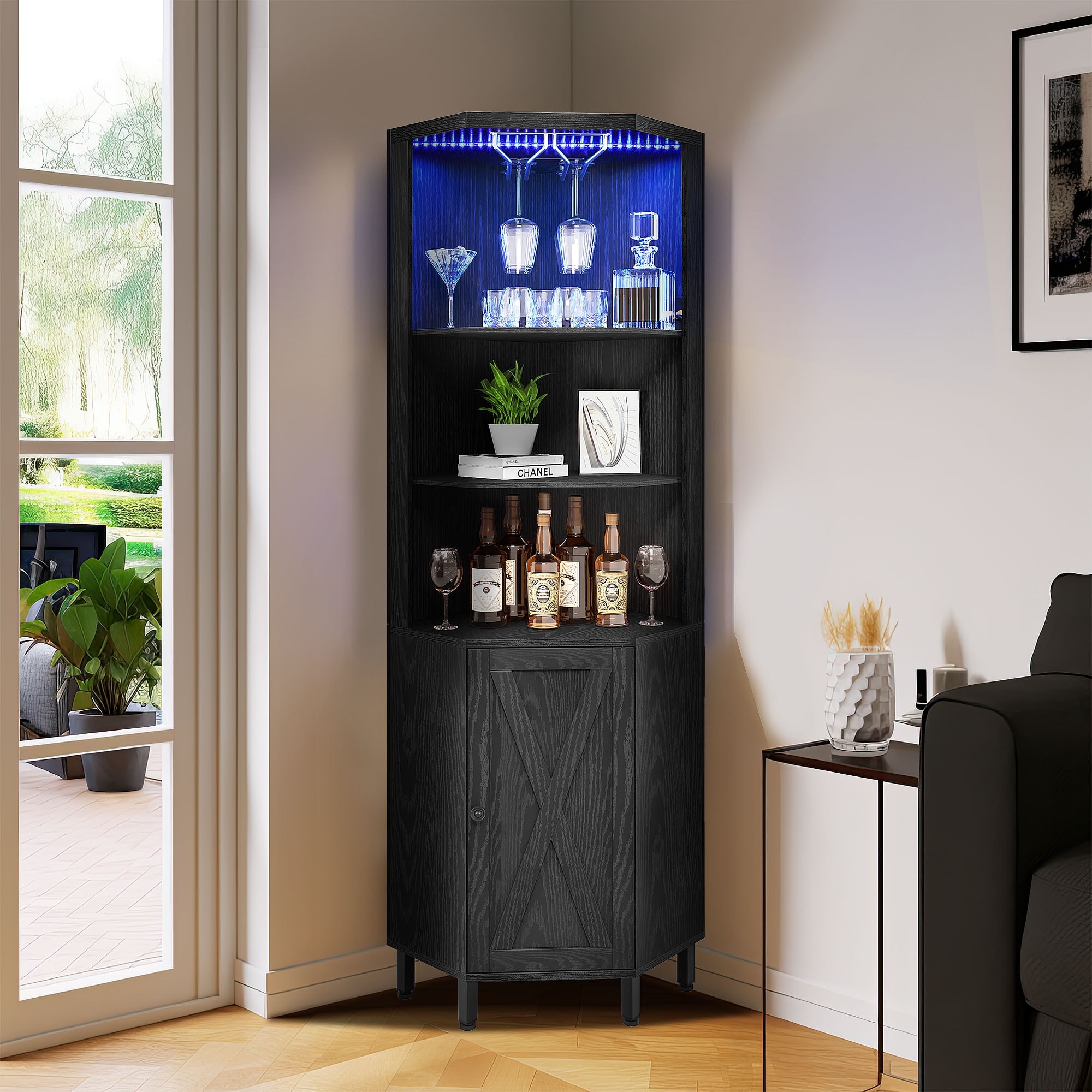 Moasis Corner Bar Cabinet with LED Lights & Glass Holder, 5 Tier Corner Shelf with Storage Wine Rack Cabinet