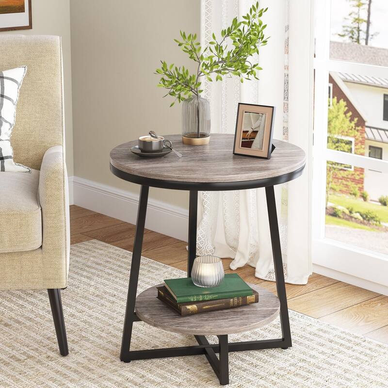 2-tier Rustic Small Round Side End Table for Living Room