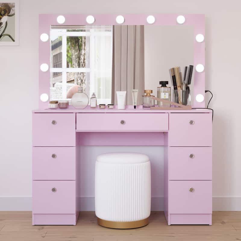 Boahaus Vanity Desk Glass Top with 7 Drawers & Lights Crystal knobs - Pink