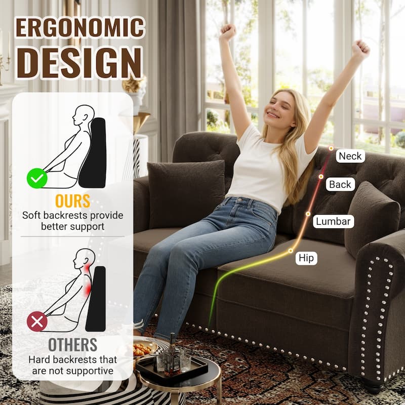 82.6" Velvet Sofa with Button Tufted, 3 Pillows and 1 Ottoman