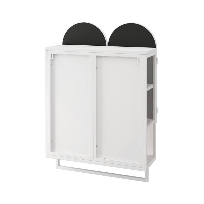 Mirror Cabinet with 2 Arched Doors, Wall Mounted Bathroom Medicine Cabinet, Metal Wall Cabinet with Open Shelf & Towel Rack