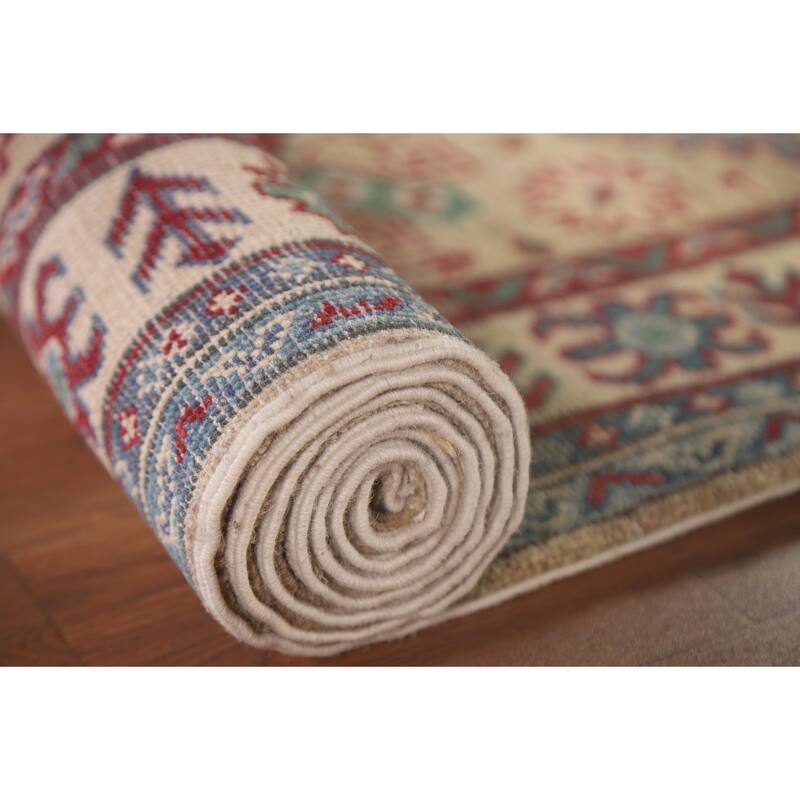 Hand Knotted Oriental 100% Wool Carpet Traditional Geometric Beige & Ivories Kazak Runner Rug - 12' 9'' X 2' 9''
