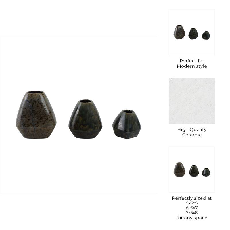 Stoneware Vases Geometric Glazed Finish (Set of 3) - 8/7/5" Brown