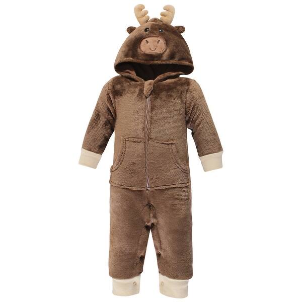 slide 1 of 1, Hudson Baby Infant Boy Plush Jumpsuits, Brown Moose 0-3 Months - Moose