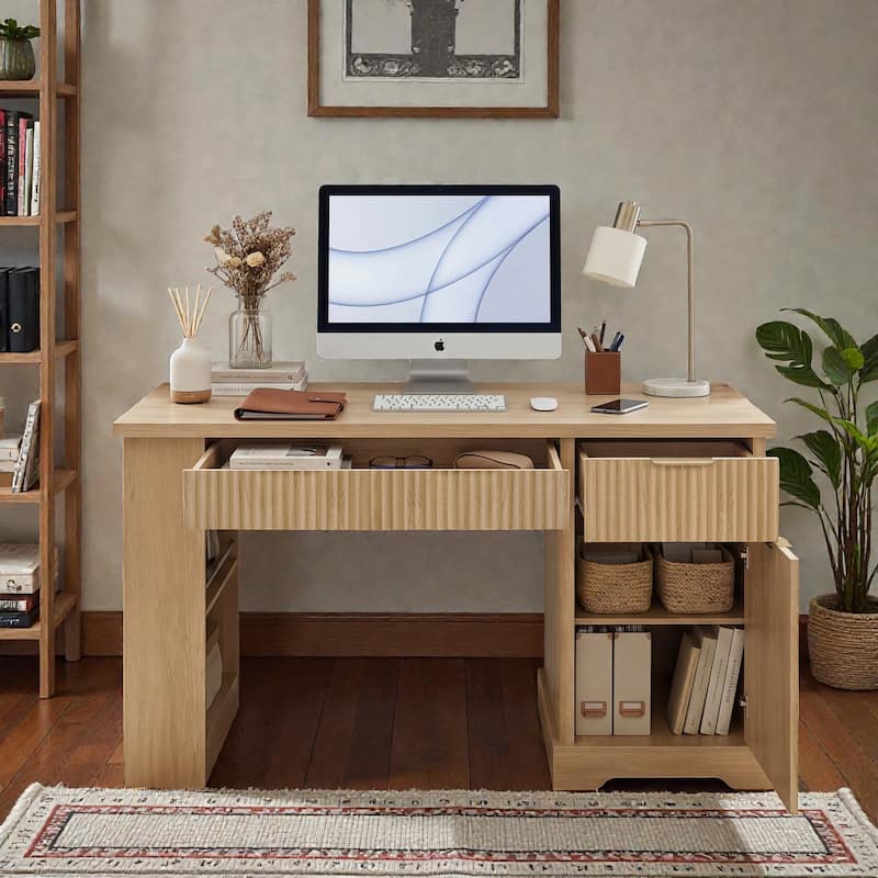 55 Inch Modern Fluted Office Desk with Storage Cabinet and Drawers, Computer Desk with Power Outlet Pegboard - Light Oak