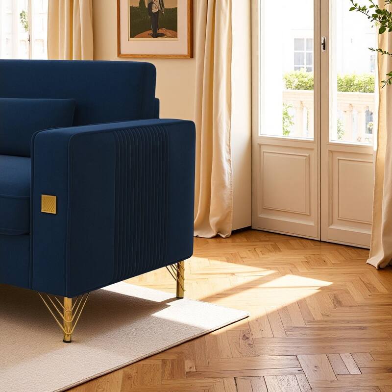 Roomfitters Mid-Century Modern Upholstered Sofa with Gold Metal Legs and Square Arms, Elegant Couch for Living Room