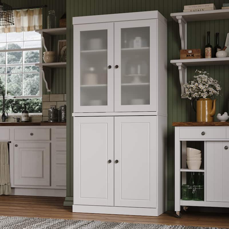 Palace Imports 100% Solid Wood Pantry Cabinet with Frosted, Clear Glass or Solid Doors and Adjustable Shelves - White - Frosted Glass-Solid