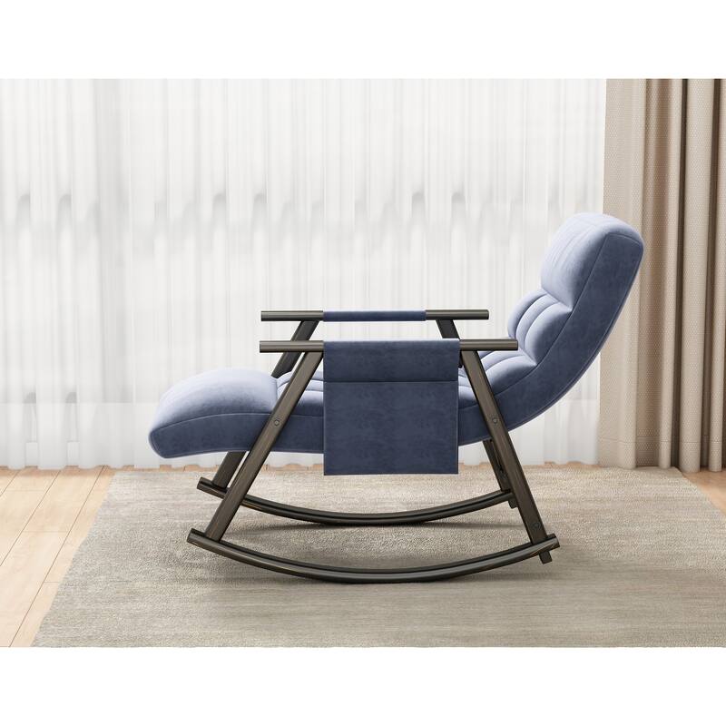 Casual folding rocking chair upholstered, lounge rocking chair adjustable high back and foot rest,side pockets placed - Blue