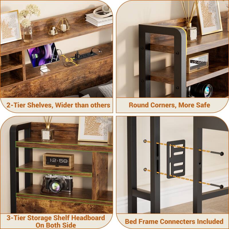 Storage Headboard with USB Port and Power Outlet, Head Board with LED Light for Bed Frame