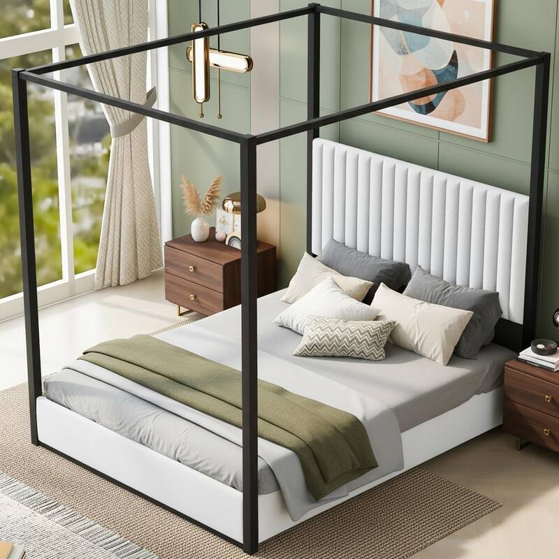 Upholstered Canopy Platform Bed with Velvet Headboard & Metal Frame by Harper&Bright Designs - White+Black - Queen
