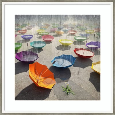 Downpour (Umbrella) by Cynthia Decker Wood Framed Wall Art Print - Lucie Silver White