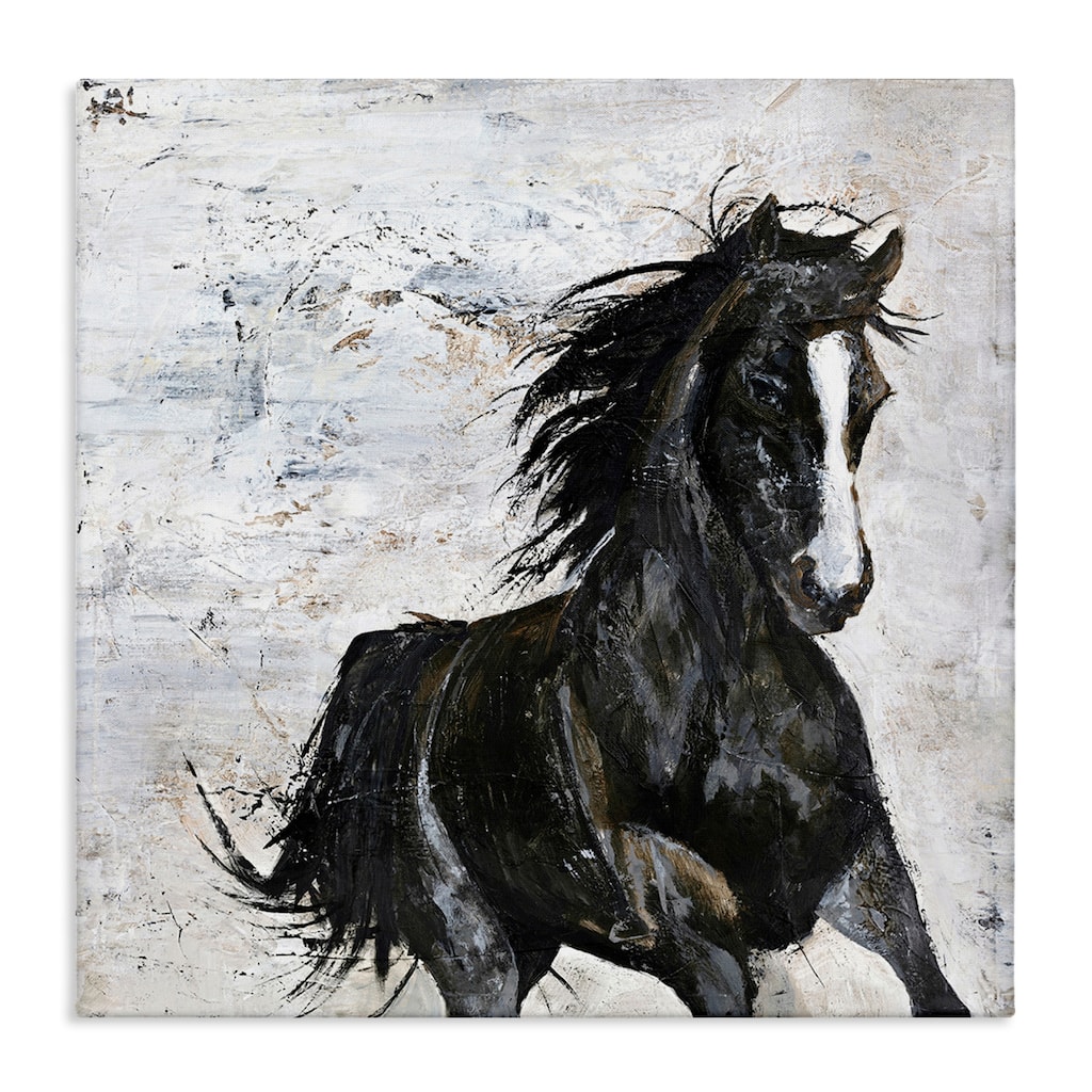 Stupell Wild Black Horse Galloping over Abstract White Canvas Wall Art
