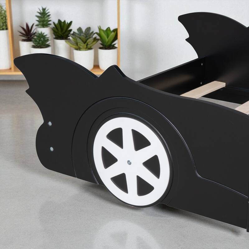Twin/Full Size Race Car Platform Bed for Kids with Wheels and Side Rails, No Box Spring Needed