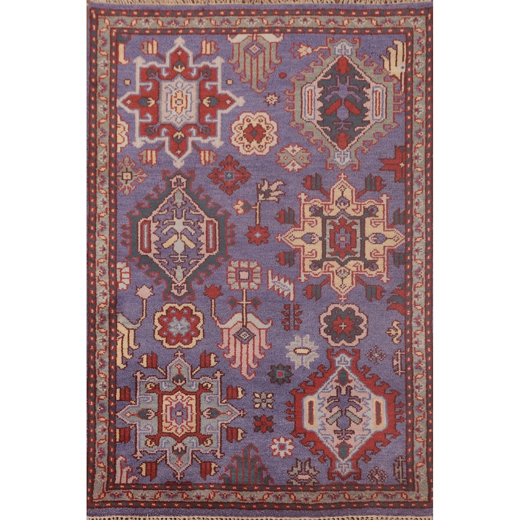 Geometric Oushak Oriental Foyer Rug Hand-Knotted Wool Carpet - 4'0" x 5'11"