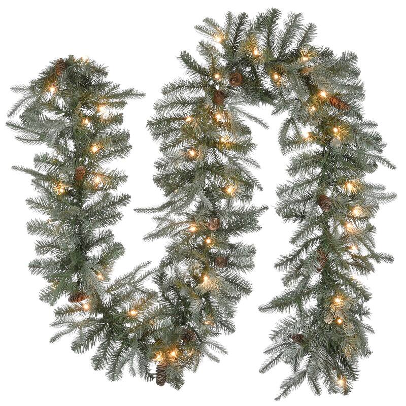 National Tree Company 9' x 12" "Feel Real" Frosted Arctic Spruce Garland 50 Clear Lights - 9 ft
