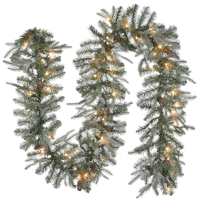 National Tree Company 9' x 12" "Feel Real" Frosted Arctic Spruce Garland 50 Clear Lights - 9 ft