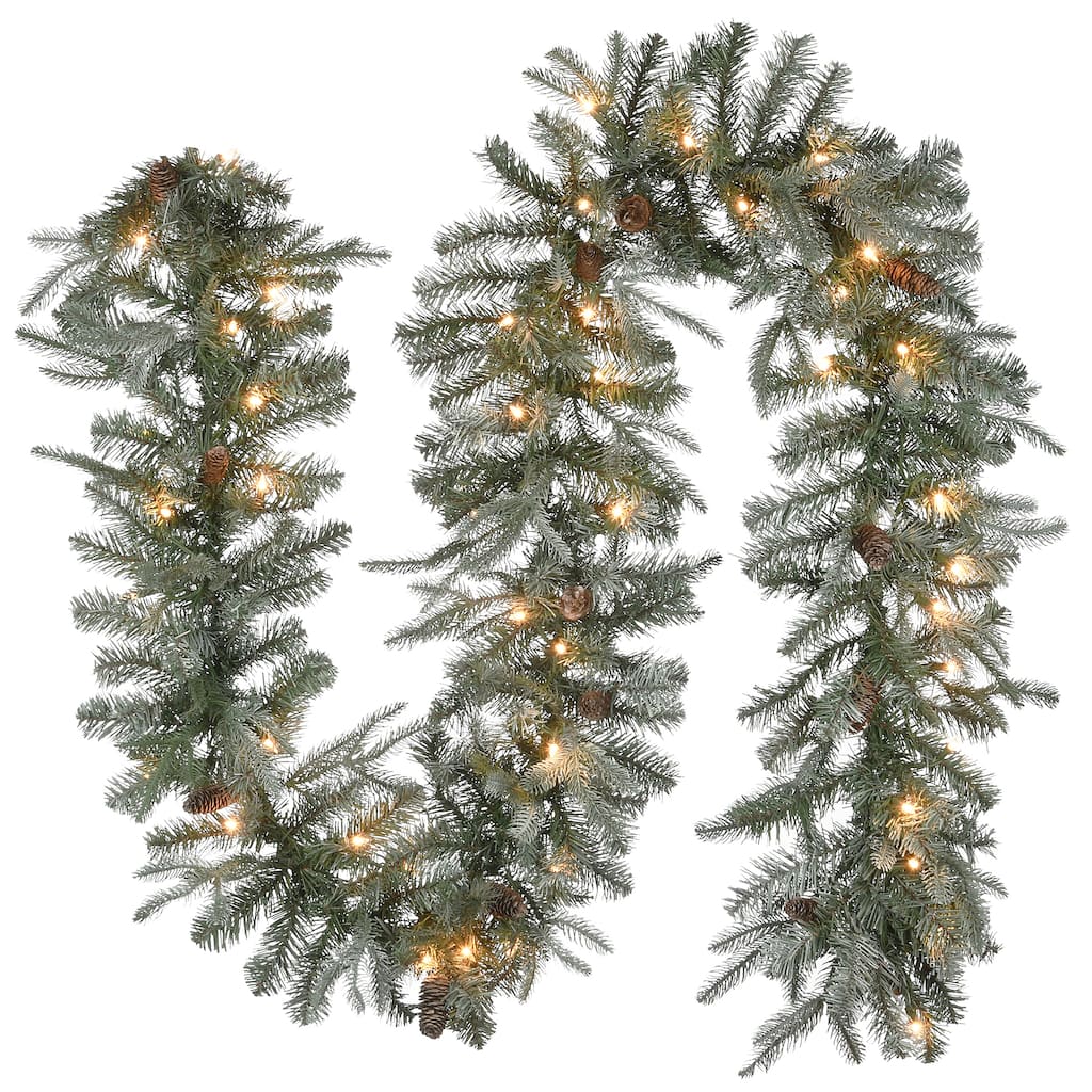 National Tree Company 9' x 12" "Feel Real" Frosted Arctic Spruce Garland 50 Clear Lights - 9 ft
