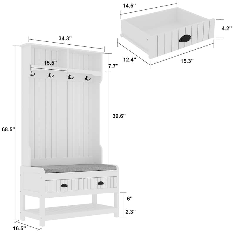 68.5"H Hall Tree with Bench and Shoe Storage White/Black/Grey