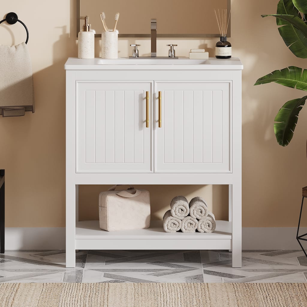 Vertical Stripe Storage Cabinet Versatile Bathroom Vanity with Ceramic Sink, Open Shelf, Door Storage Boxes and Golden Handles