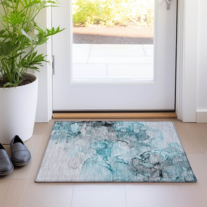 Machine Washable Indoor/ Outdoor Abstract Chantille Rug - Teal - 1'8" x 2'6"