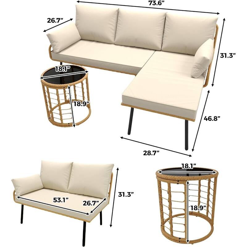 3-Piece L-Shaped Patio Furniture Set with Washable Cushions and Coffee Table