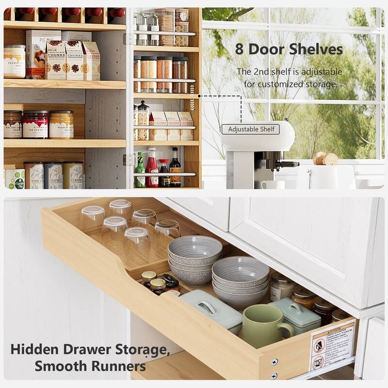 78.2" Farmhouse Kitchen Pantry Cabinet with 8 Door Shelves, Adjustable Shelves, Hidden Drawer and Wine Rack Storage