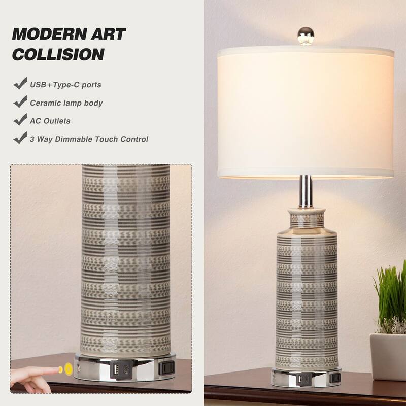 25'' Gray Ceramic Table Lamp with USB & Type-C Ports, 3-Stage Touch Switch (Set of 2) - 12.5'' x 12.5'' x 25''