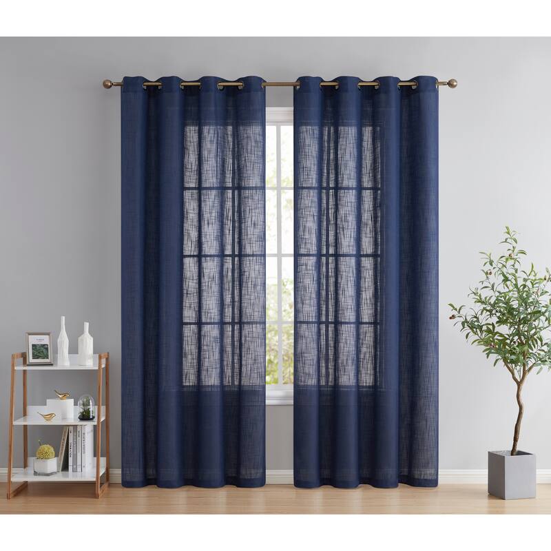 HLC.me Abbey Faux Linen Textured Semi Sheer Privacy Light Filtering Transparent Window Grommet Curtain Panels, Pair - 54 W x 72 L per panel - Set of 2 - Navy Blue