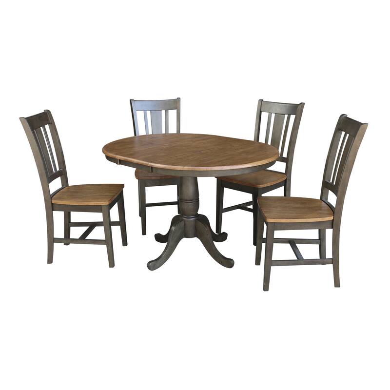 36" Round Extension Dining Table with 4 Chairs in Hickory and Washed Coal