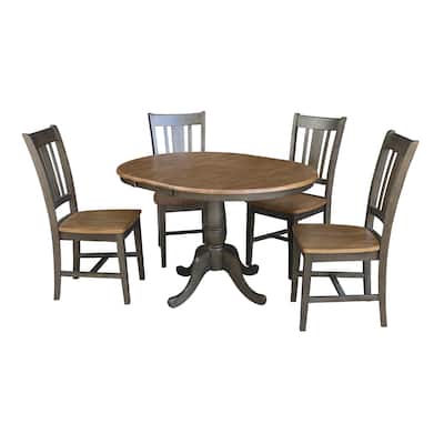 36" Round Extension Dining Table with 4 Chairs in Hickory and Washed Coal