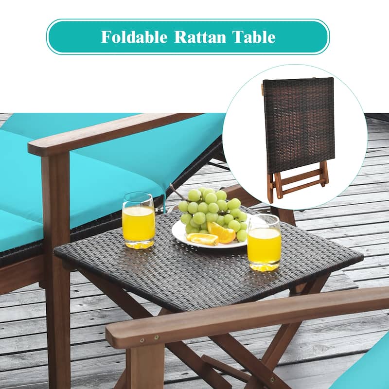Costway 3PCS Patio Rattan Lounge Chair Folding Table Set Chaise Wood