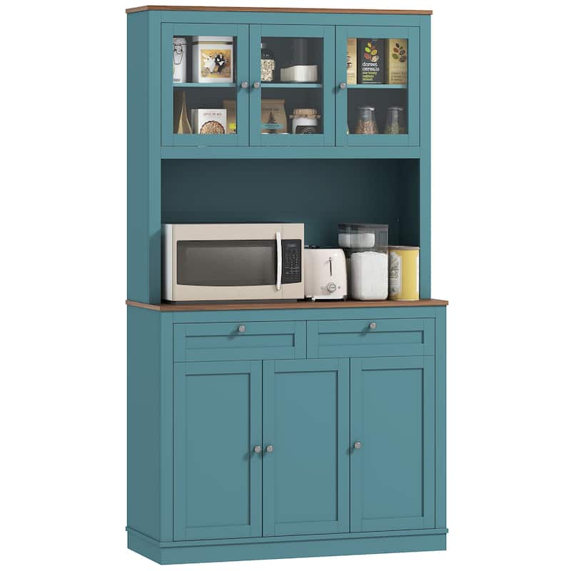 HOMCOM 71" Tall Kitchen Pantry Storage Cabinet with Microwave Stand, Adjustable Shelves and Glass Doors for Kitchen, White