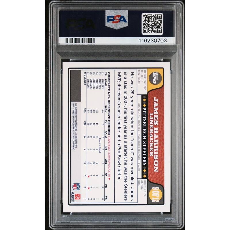 James Harrison 2008 Topps Team Set Steelers Black Signed Football Rookie Card #9 Auto Graded PSA 10 Cert # 116230703 - 8' x 11'