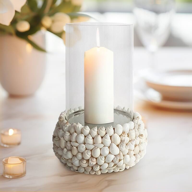 Sagebrook Home Shell White Cylinder Hurricane Candle Holder - 9" x 9" x 12"