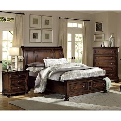Brown Cherry Finish 3pc Bedroom Set Platform Storage Bed Chest Nightstand