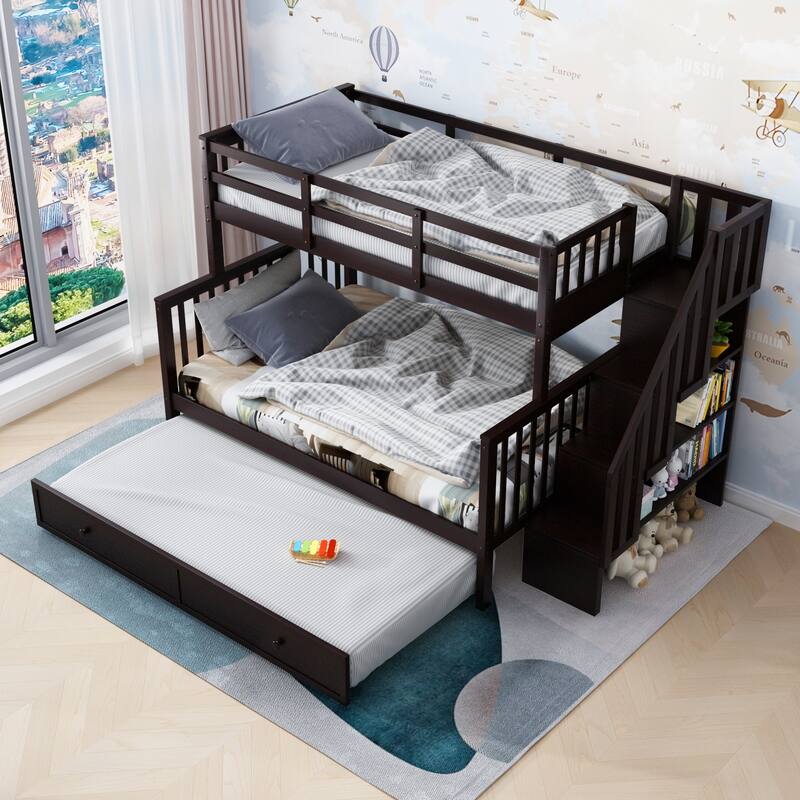 Stairway Twin-Over-Full Bunk Bed with Twin size Trundle, Storage and Guard Rail for Bedroom