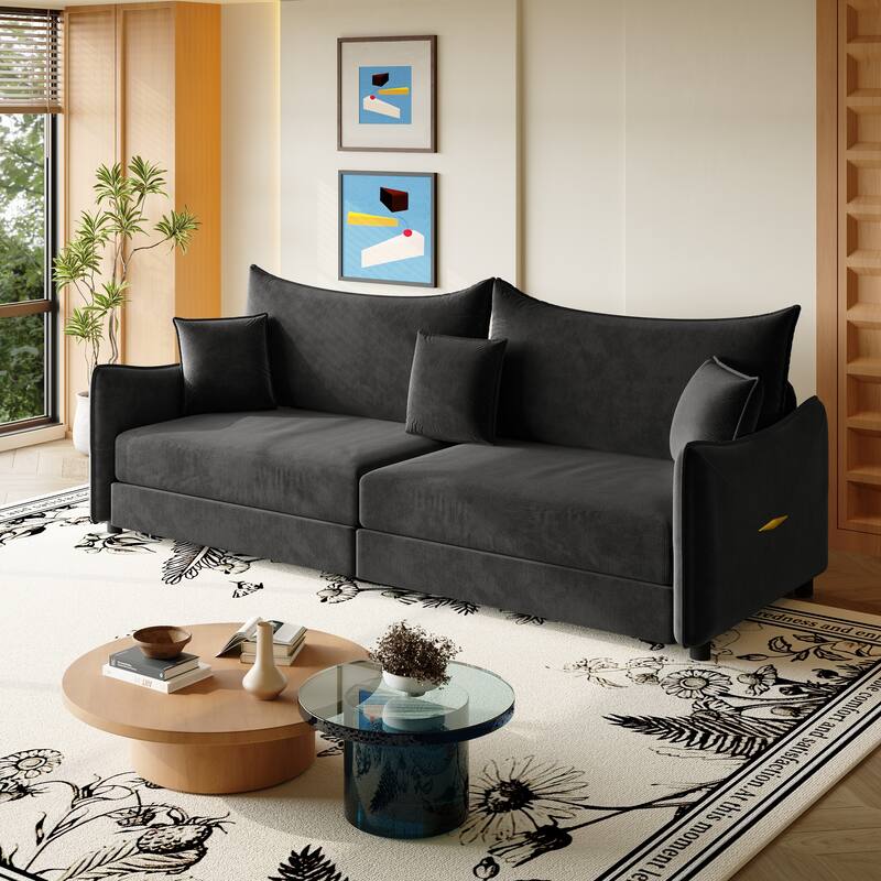 Convertible Sleeper Sofa Bed, Modern Velvet Loveseat Pull-Out Couch Bed, Oversized Love Seat Lounge Sofa with 3 Pillows - Black