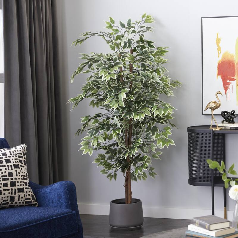 Green Faux Foliage Ficus Artificial Tree with Realistic Leaves and Black Plastic Pot