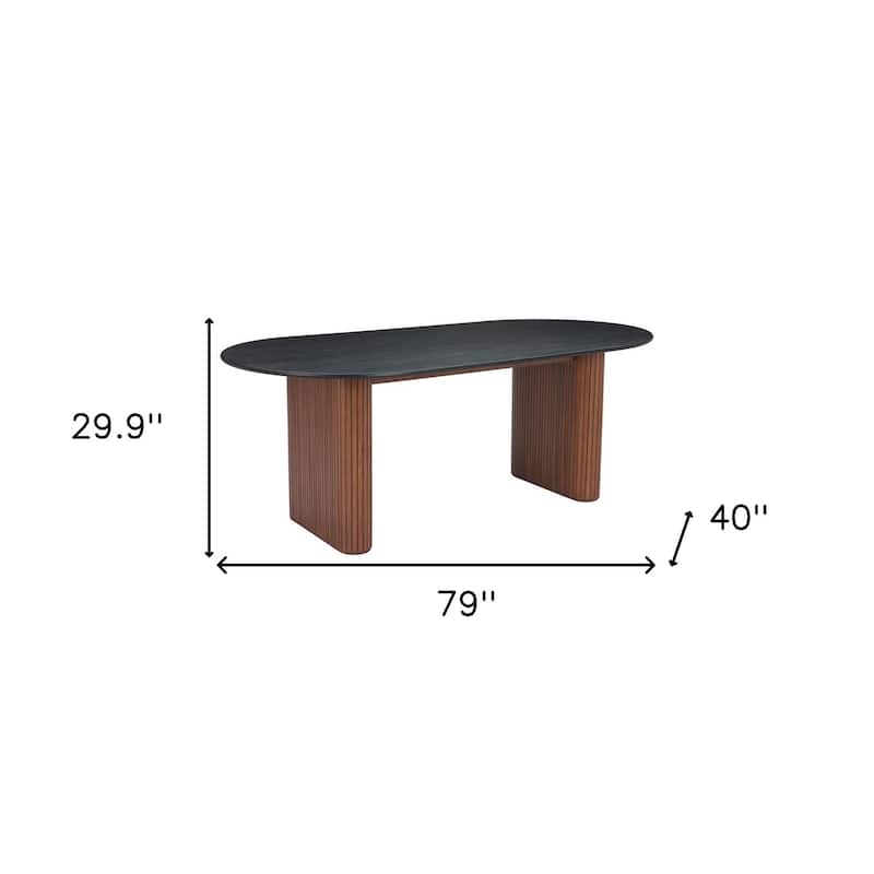 HomeRoots 79" Black and Walnut Wood Double Pedestal Base Oval Dining Table - 79.00 in. x 29.90 in. x 40.00 in.