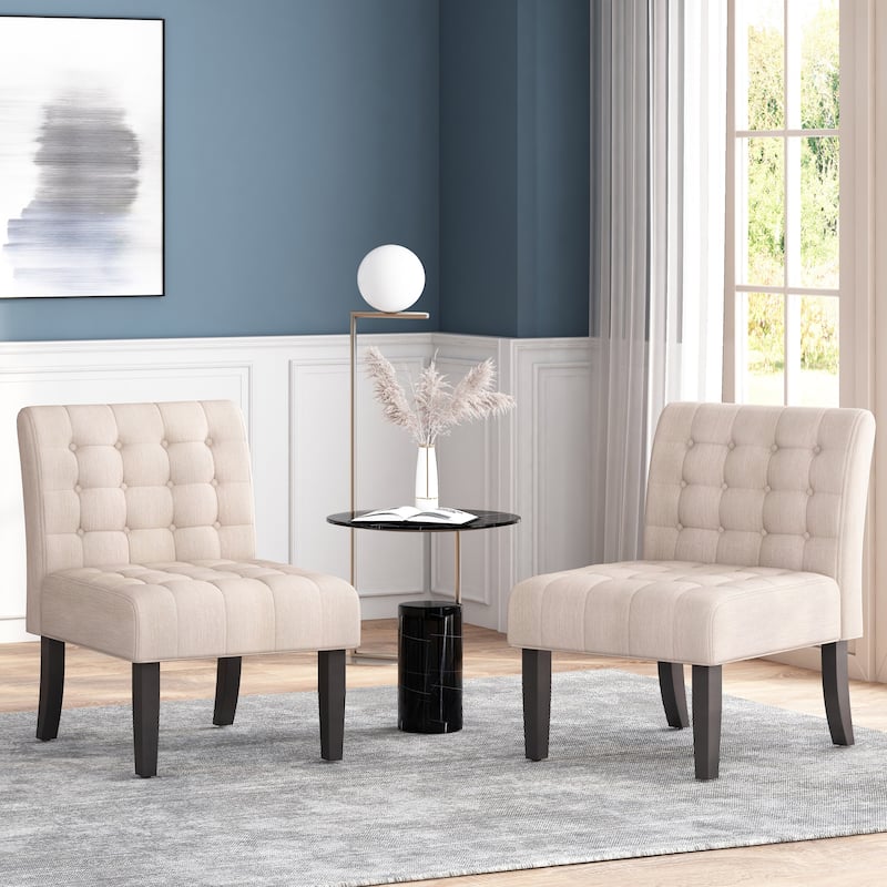 Beige Modern 23" Button Tufted Accent Chairs with Wood Legs for Living Room (Set of 2)