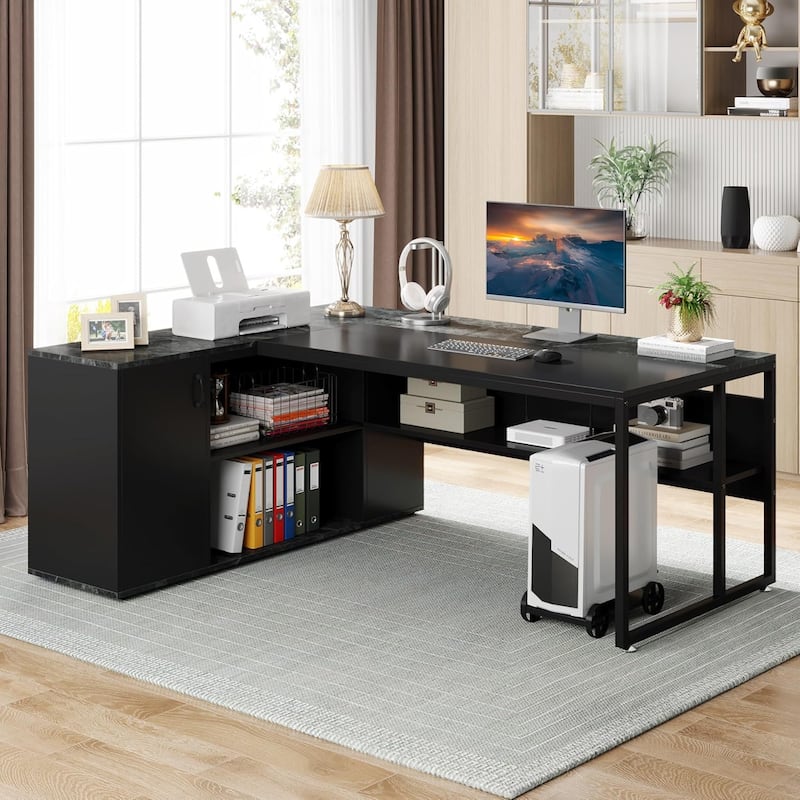 71" L-Shaped Executive Desk with Storage Cabinet & Shelves Black