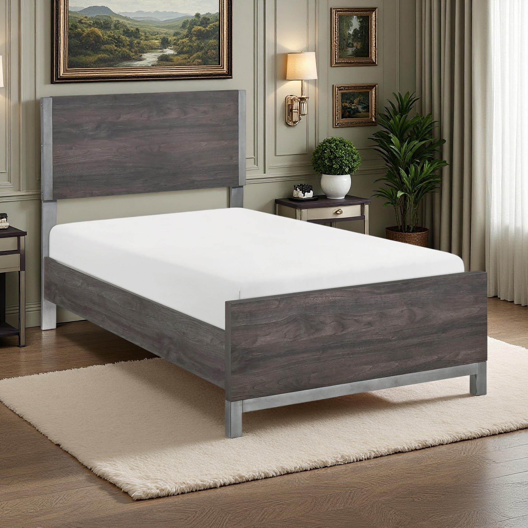 Wood Panel Bed with Modern Sleek Design and Two-Tone Finish