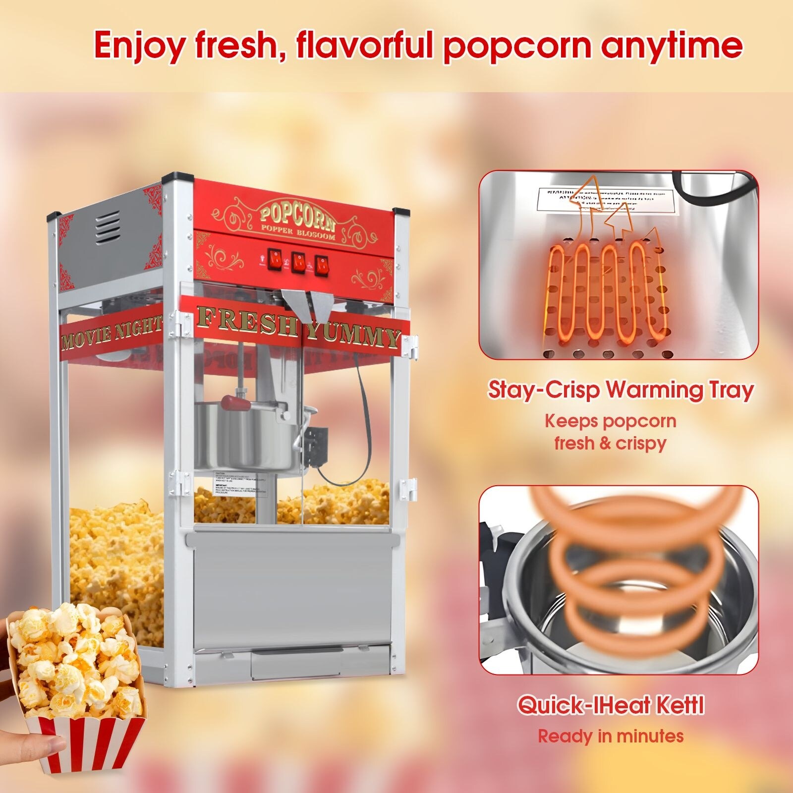20 oz Vintage Popcorn Machine Trolley with Tempered Glass and