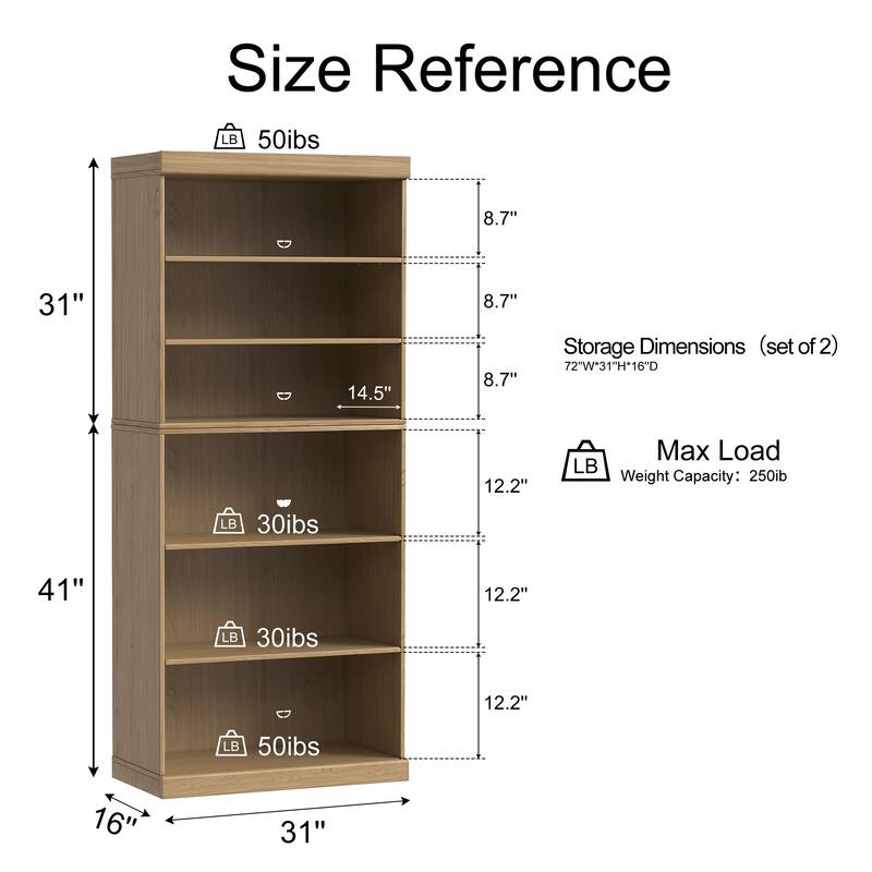 72" Solid Wood 6-Shelf Bookcase Storage Cabinet
