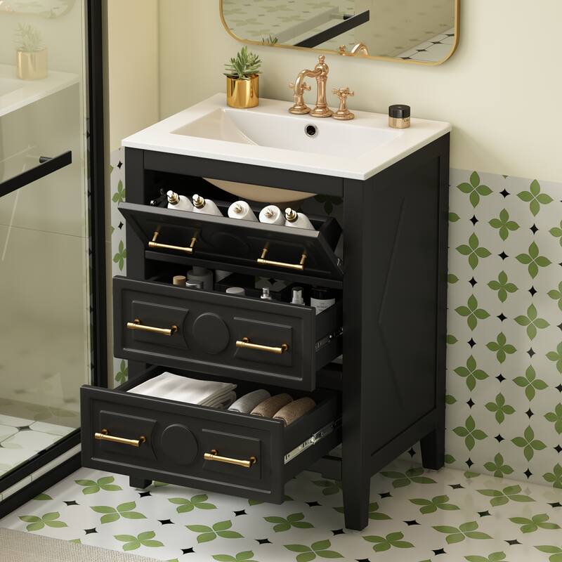 24'' Bathroom Vanity with Ceramic Sink Combo, Freestanding Single Vanity Set with 3 Drawers, Solid Wood Frame