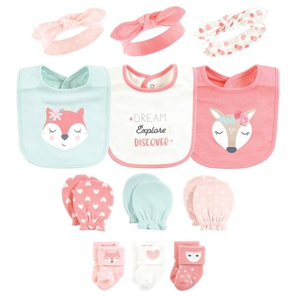 slide 1 of 1, Hudson Baby Infant Girl Caps or Headbands, Bibs, Mittens and Socks 12pc Set, Woodland, 0-6 Months - Pink Woodland Pink Woodland - 0-6 Months